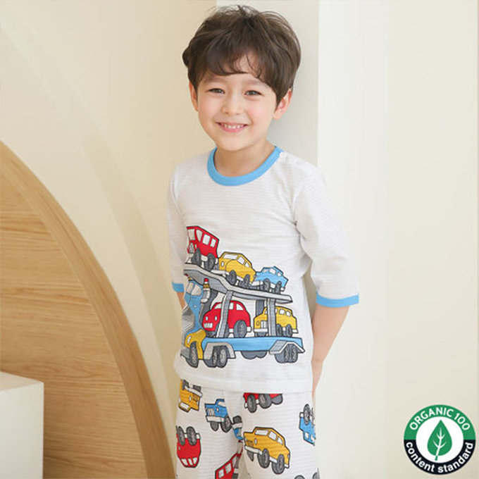 正韓 Puco 超優質嬰幼兒/兒童七分袖100% 有機純棉家居服/睡衣_車車家族_PC21-012