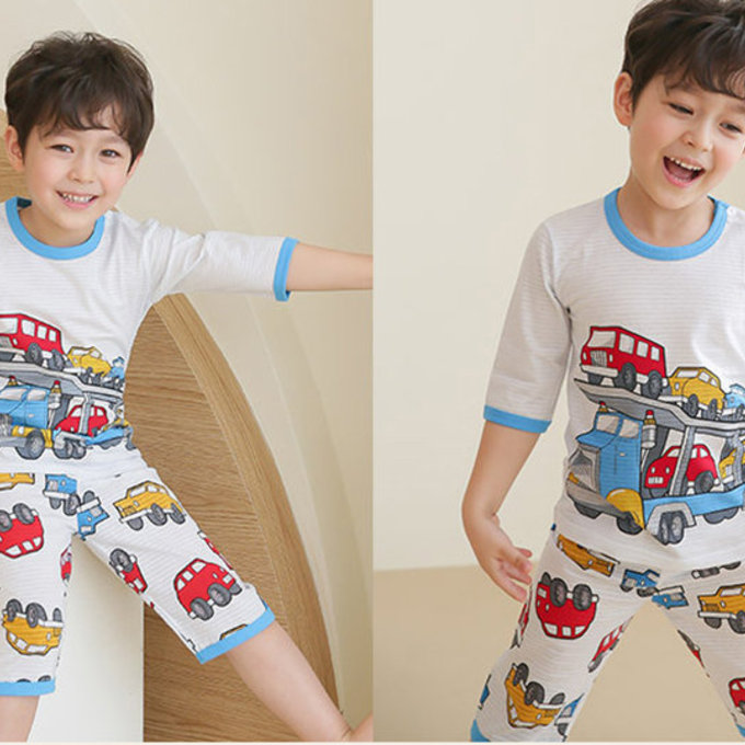 正韓 Puco 超優質嬰幼兒/兒童七分袖100% 有機純棉家居服/睡衣_車車家族_PC21-012