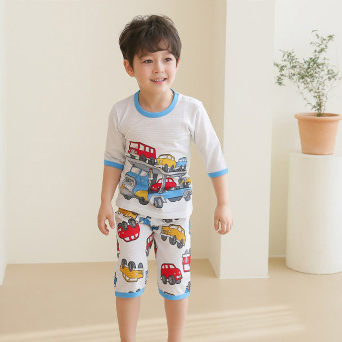 正韓 Puco 超優質嬰幼兒/兒童七分袖100% 有機純棉家居服/睡衣_車車家族_PC21-012