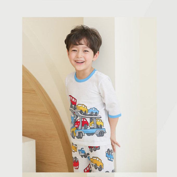 正韓 Puco 超優質嬰幼兒/兒童七分袖100% 有機純棉家居服/睡衣_車車家族_PC21-012