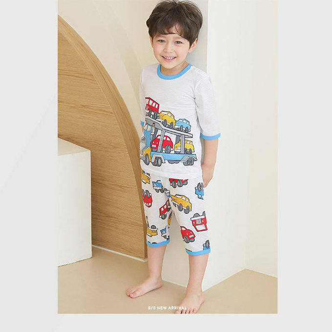 正韓 Puco 超優質嬰幼兒/兒童七分袖100% 有機純棉家居服/睡衣_車車家族_PC21-012