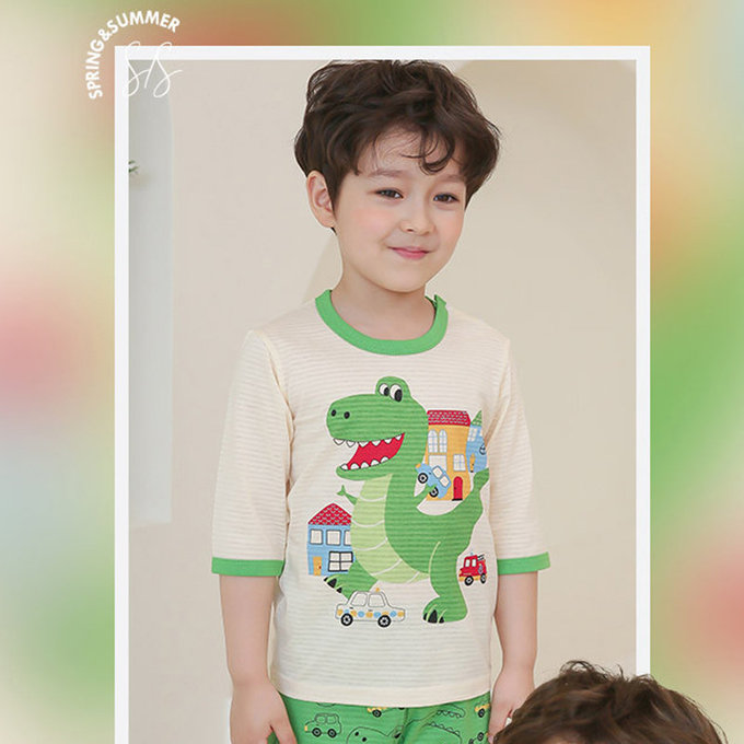 正韓 Puco 超優質嬰幼兒/兒童七分袖100% 有機純棉家居服/睡衣_暴龍來襲_PC21-013