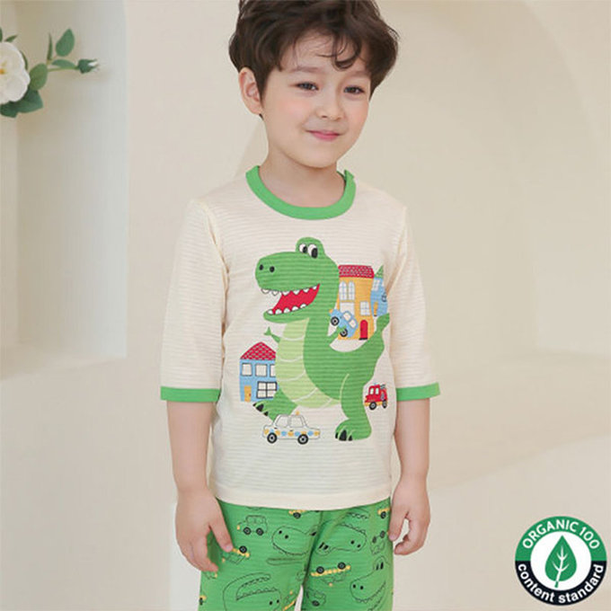 正韓 Puco 超優質嬰幼兒/兒童七分袖100% 有機純棉家居服/睡衣_暴龍來襲_PC21-013