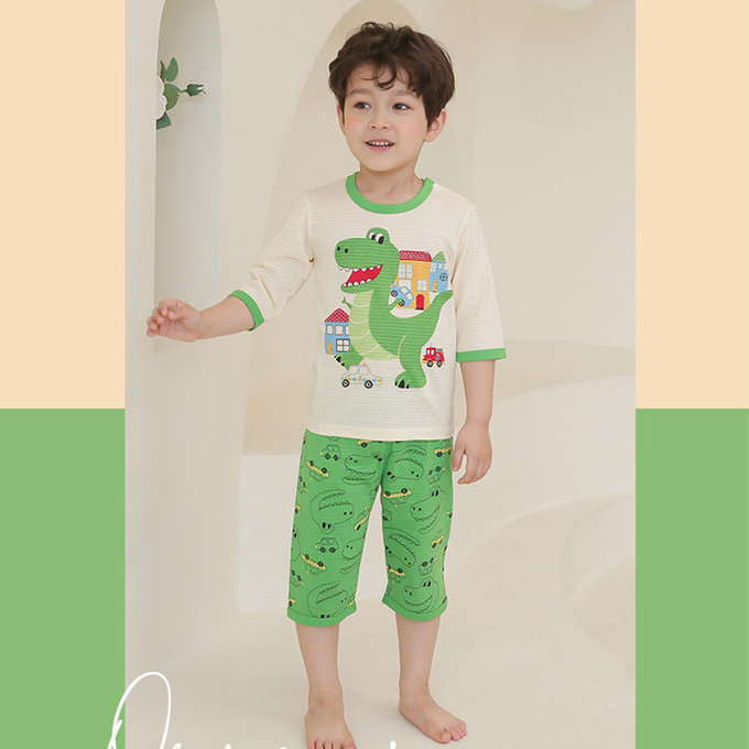 正韓 Puco 超優質嬰幼兒/兒童七分袖100% 有機純棉家居服/睡衣_暴龍來襲_PC21-013