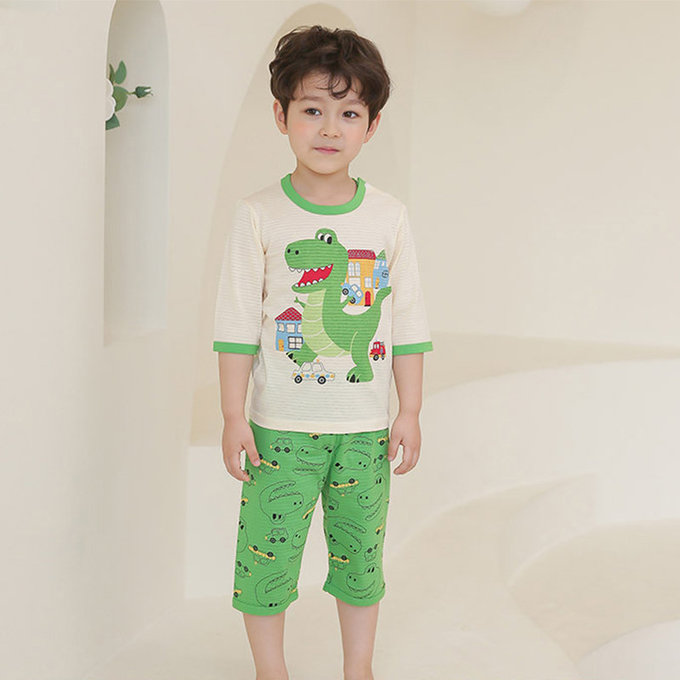 正韓 Puco 超優質嬰幼兒/兒童七分袖100% 有機純棉家居服/睡衣_暴龍來襲_PC21-013