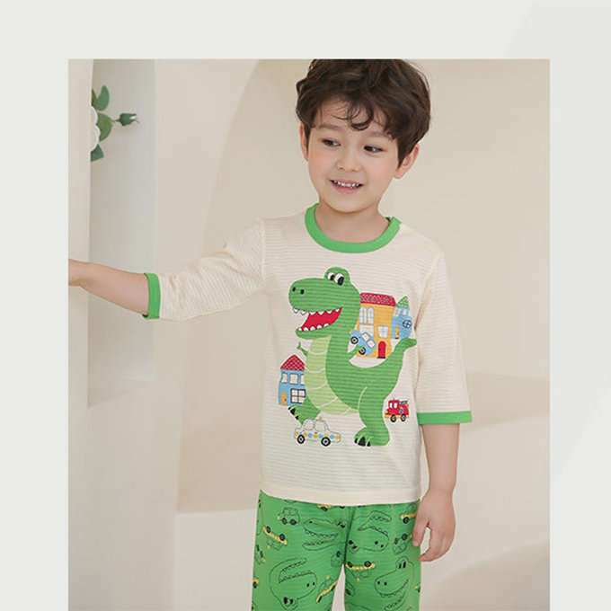 正韓 Puco 超優質嬰幼兒/兒童七分袖100% 有機純棉家居服/睡衣_暴龍來襲_PC21-013