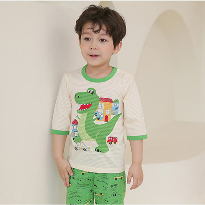 正韓 Puco 超優質嬰幼兒/兒童七分袖100% 有機純棉家居服/睡衣_暴龍來襲_PC21-013