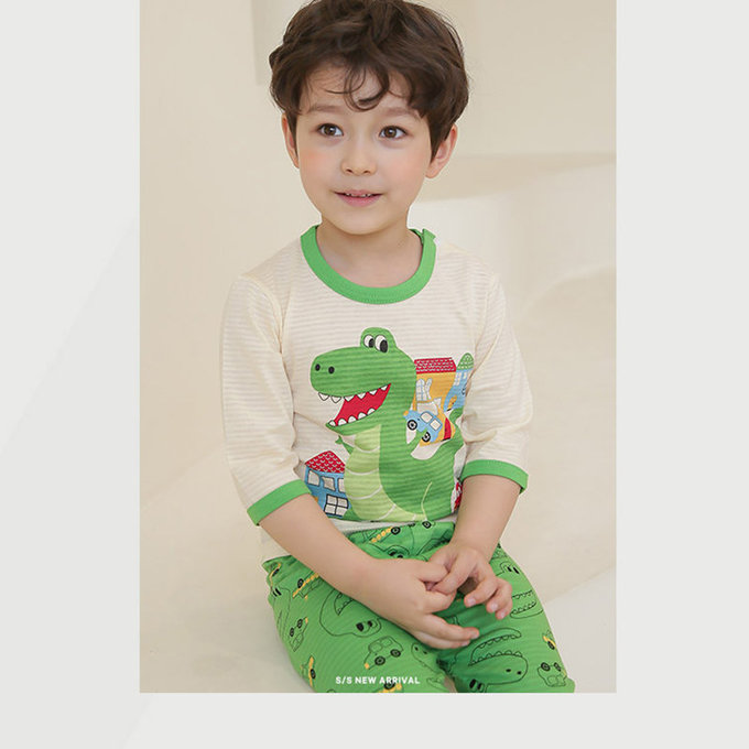 正韓 Puco 超優質嬰幼兒/兒童七分袖100% 有機純棉家居服/睡衣_暴龍來襲_PC21-013