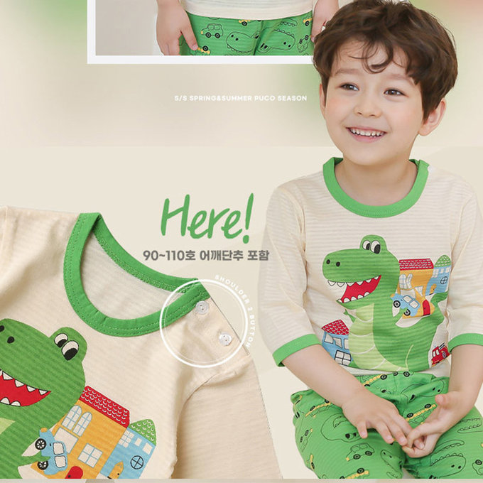 正韓 Puco 超優質嬰幼兒/兒童七分袖100% 有機純棉家居服/睡衣_暴龍來襲_PC21-013