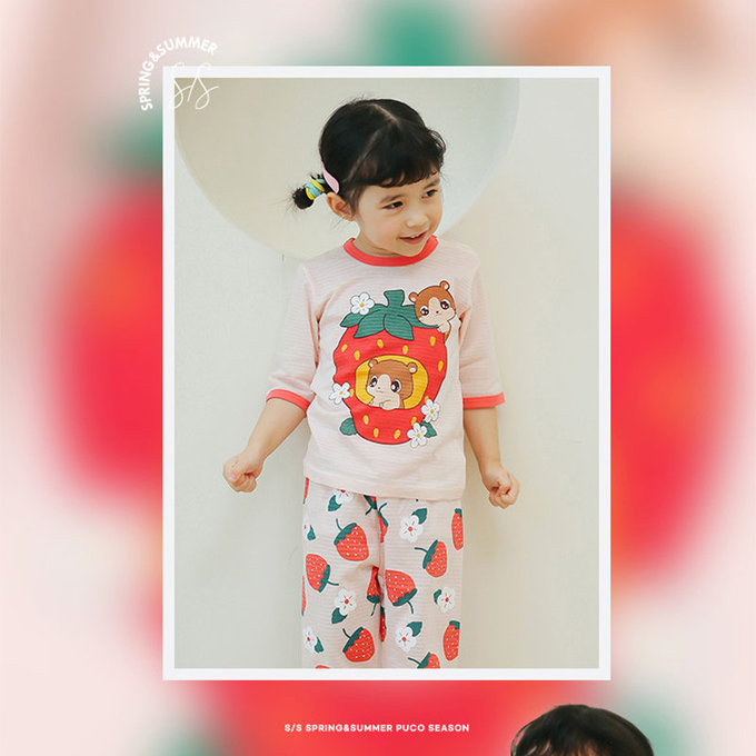 正韓 Puco 超優質嬰幼兒/兒童七分袖100% 有機純棉家居服/睡衣_草莓倉鼠_PC21-014