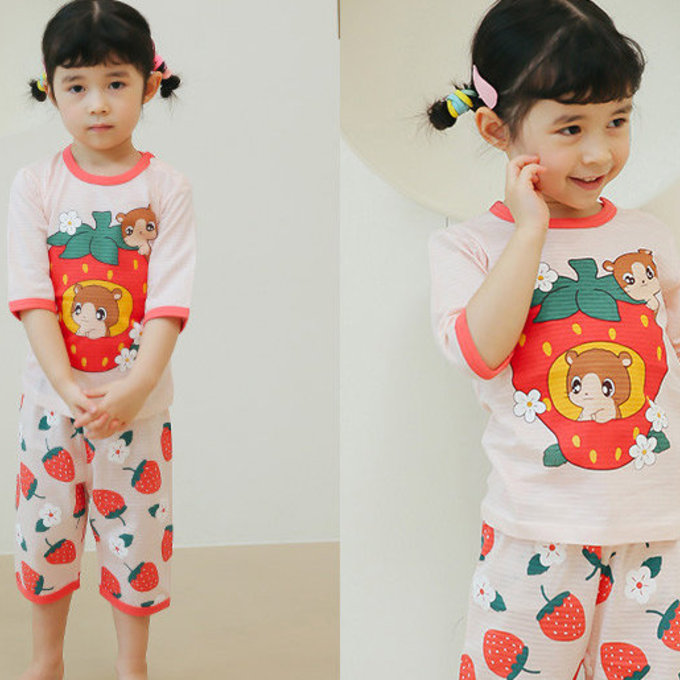 正韓 Puco 超優質嬰幼兒/兒童七分袖100% 有機純棉家居服/睡衣_草莓倉鼠_PC21-014