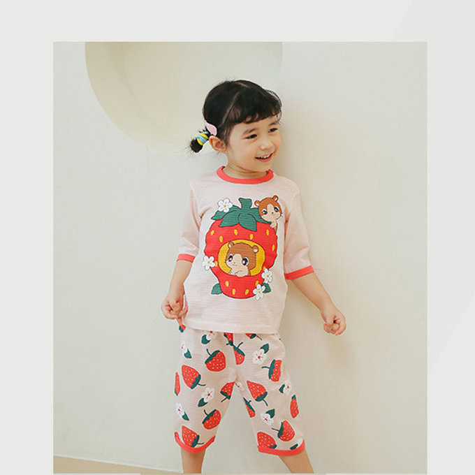 正韓 Puco 超優質嬰幼兒/兒童七分袖100% 有機純棉家居服/睡衣_草莓倉鼠_PC21-014