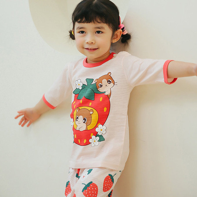 正韓 Puco 超優質嬰幼兒/兒童七分袖100% 有機純棉家居服/睡衣_草莓倉鼠_PC21-014