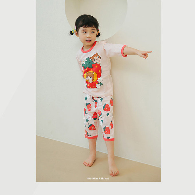 正韓 Puco 超優質嬰幼兒/兒童七分袖100% 有機純棉家居服/睡衣_草莓倉鼠_PC21-014