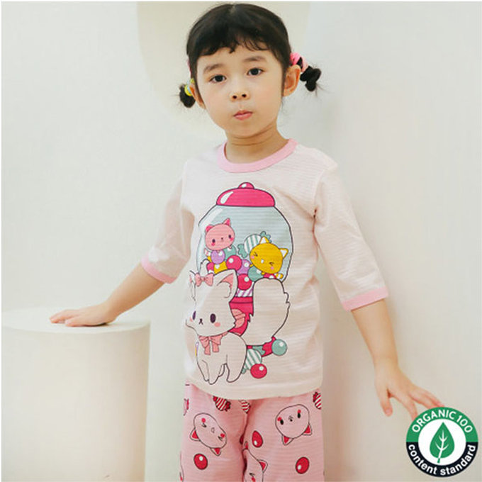 正韓 Puco 超優質嬰幼兒/兒童七分袖100% 有機純棉家居服/睡衣_泡泡糖貓_PC21-015