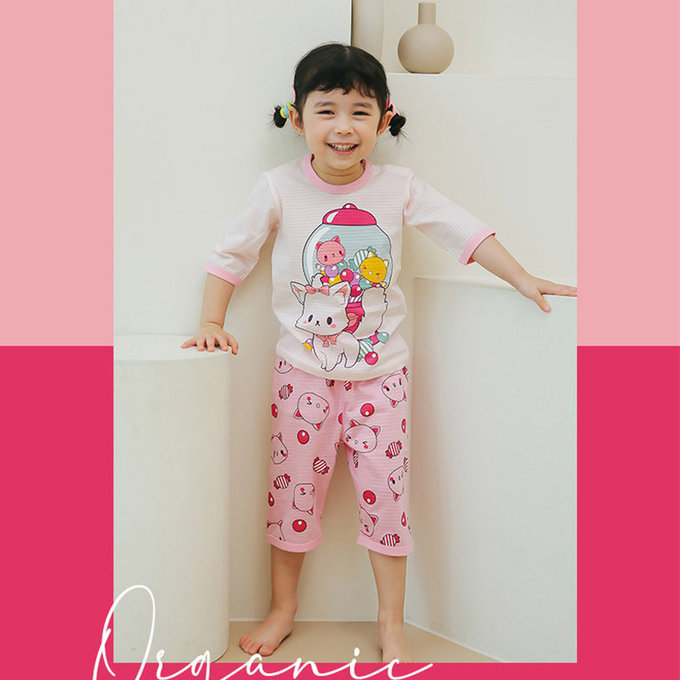 正韓 Puco 超優質嬰幼兒/兒童七分袖100% 有機純棉家居服/睡衣_泡泡糖貓_PC21-015