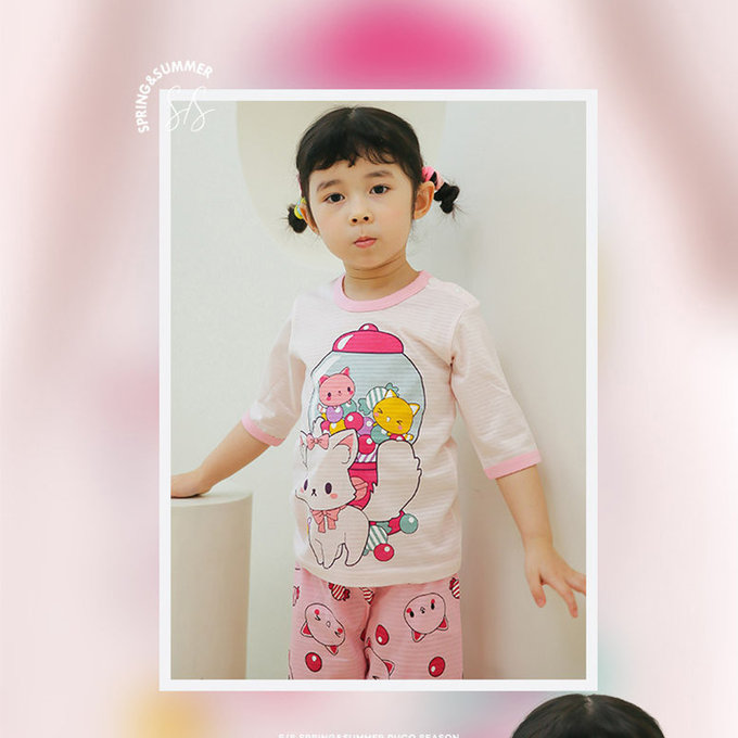正韓 Puco 超優質嬰幼兒/兒童七分袖100% 有機純棉家居服/睡衣_泡泡糖貓_PC21-015
