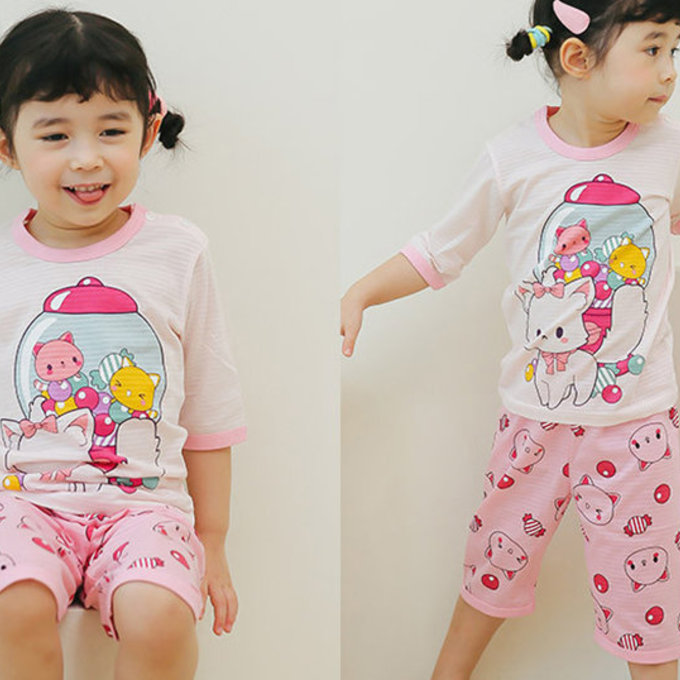 正韓 Puco 超優質嬰幼兒/兒童七分袖100% 有機純棉家居服/睡衣_泡泡糖貓_PC21-015