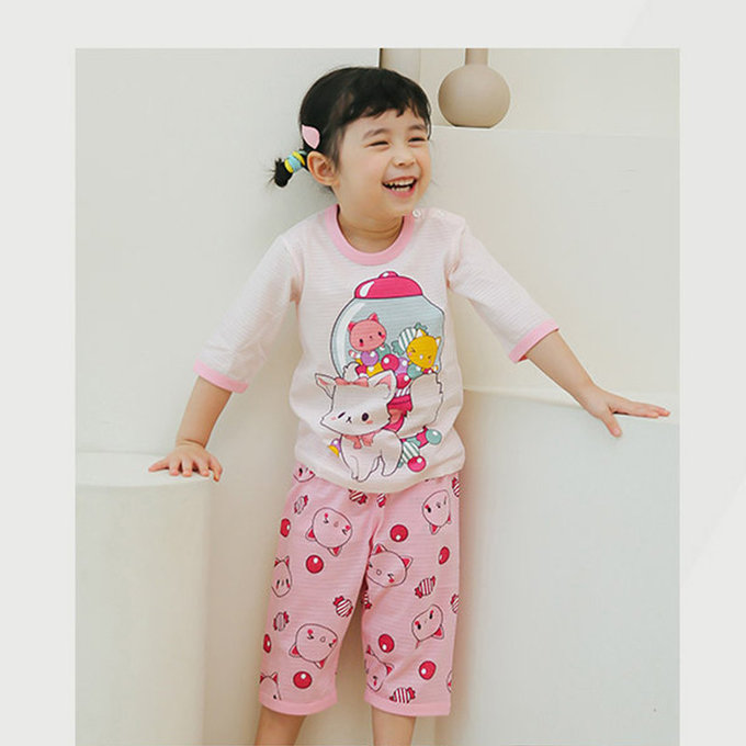 正韓 Puco 超優質嬰幼兒/兒童七分袖100% 有機純棉家居服/睡衣_泡泡糖貓_PC21-015