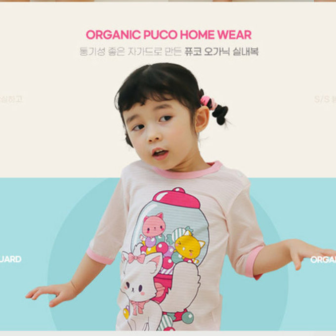 正韓 Puco 超優質嬰幼兒/兒童七分袖100% 有機純棉家居服/睡衣_泡泡糖貓_PC21-015
