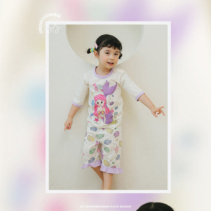 正韓 Puco 超優質嬰幼兒/兒童七分袖100% 有機純棉家居服/睡衣_美人魚_PC21-016