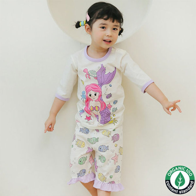 正韓 Puco 超優質嬰幼兒/兒童七分袖100% 有機純棉家居服/睡衣_美人魚_PC21-016