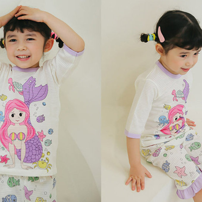 正韓 Puco 超優質嬰幼兒/兒童七分袖100% 有機純棉家居服/睡衣_美人魚_PC21-016