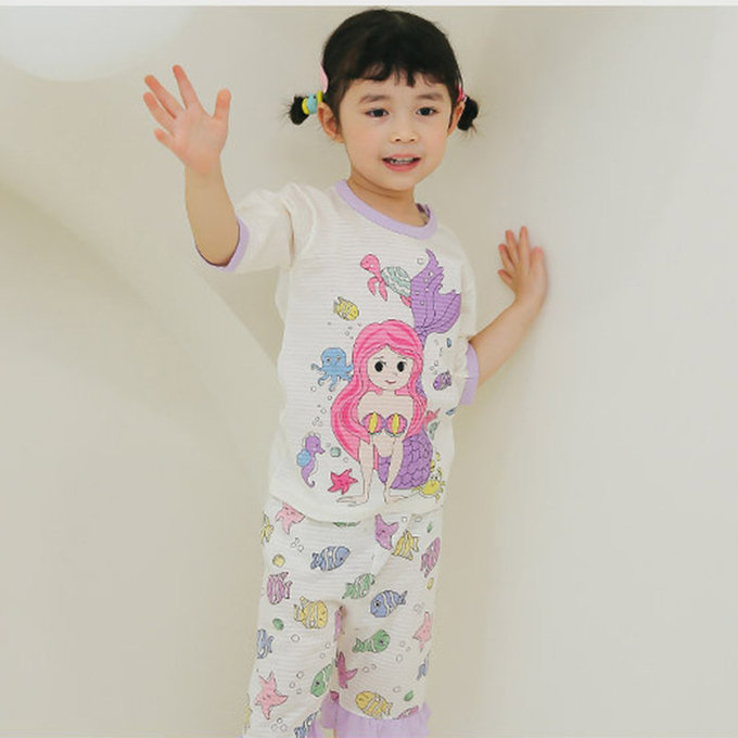 正韓 Puco 超優質嬰幼兒/兒童七分袖100% 有機純棉家居服/睡衣_美人魚_PC21-016