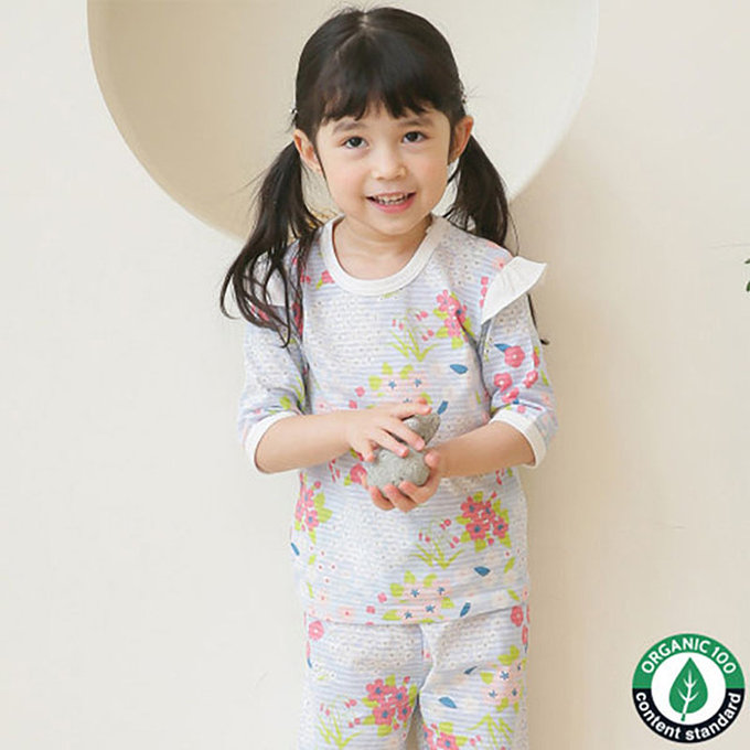 正韓 Puco 超優質嬰幼兒/兒童七分袖100% 有機純棉家居服/睡衣_百花盛開_PC21-017