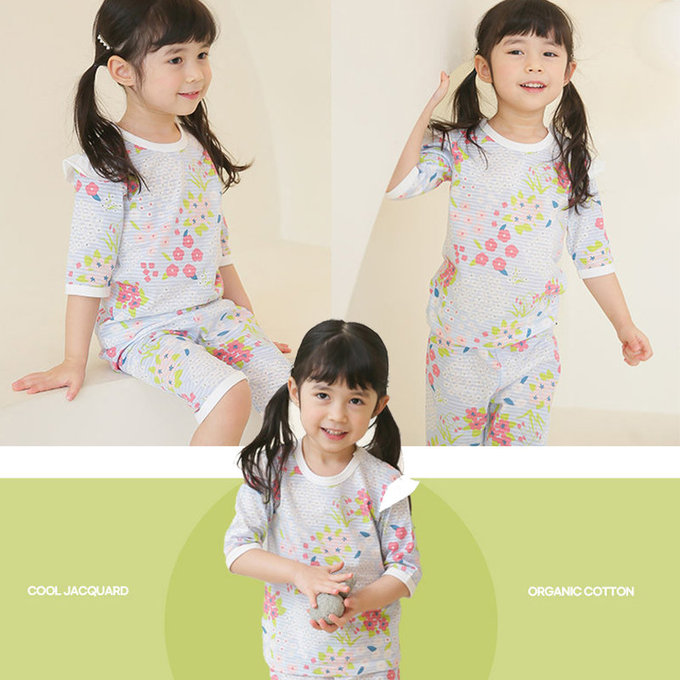 正韓 Puco 超優質嬰幼兒/兒童七分袖100% 有機純棉家居服/睡衣_百花盛開_PC21-017