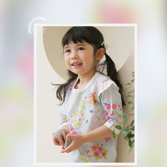 正韓 Puco 超優質嬰幼兒/兒童七分袖100% 有機純棉家居服/睡衣_百花盛開_PC21-017