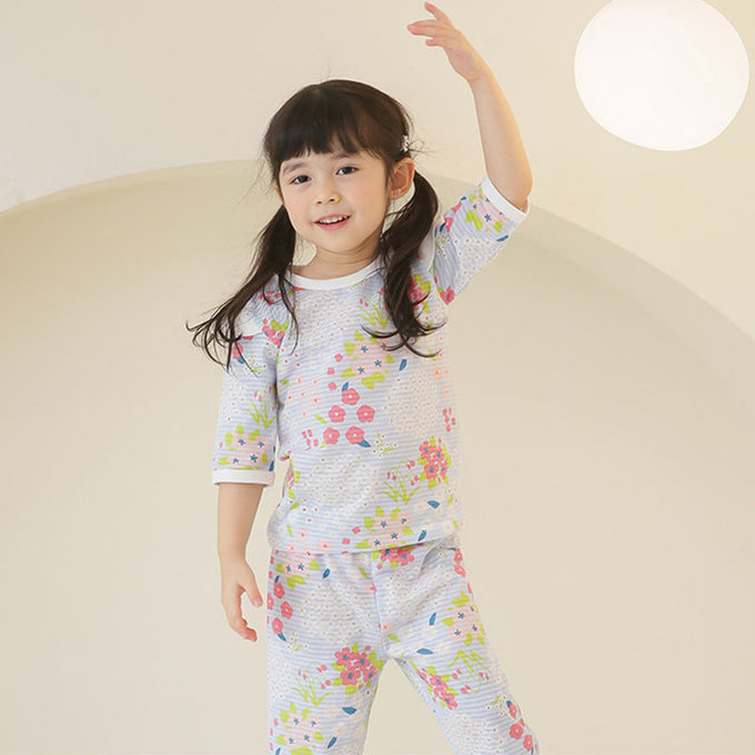 正韓 Puco 超優質嬰幼兒/兒童七分袖100% 有機純棉家居服/睡衣_百花盛開_PC21-017