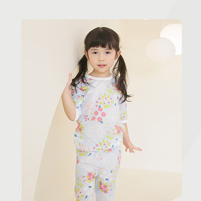 正韓 Puco 超優質嬰幼兒/兒童七分袖100% 有機純棉家居服/睡衣_百花盛開_PC21-017
