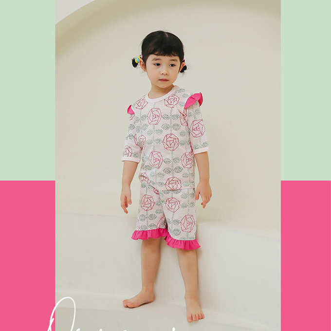 正韓 Puco 超優質嬰幼兒/兒童七分袖100% 有機純棉家居服/睡衣_玫瑰花園_PC21-018