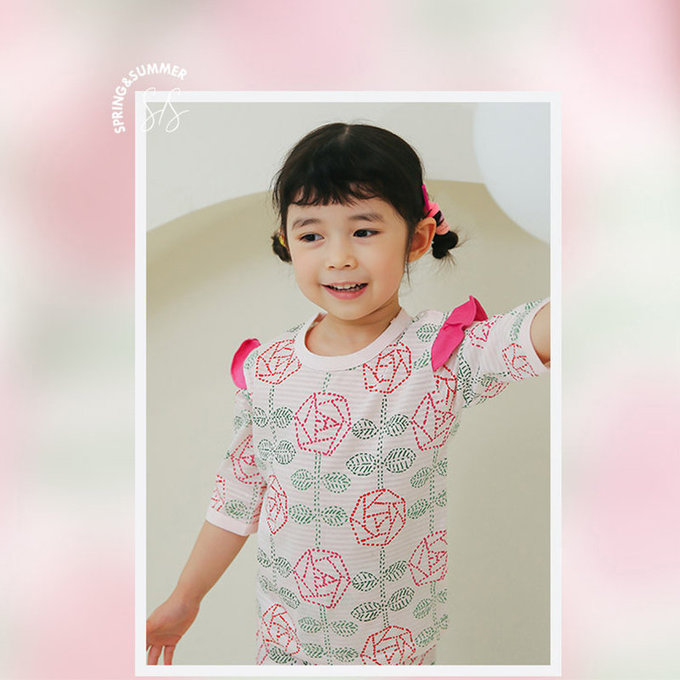 正韓 Puco 超優質嬰幼兒/兒童七分袖100% 有機純棉家居服/睡衣_玫瑰花園_PC21-018