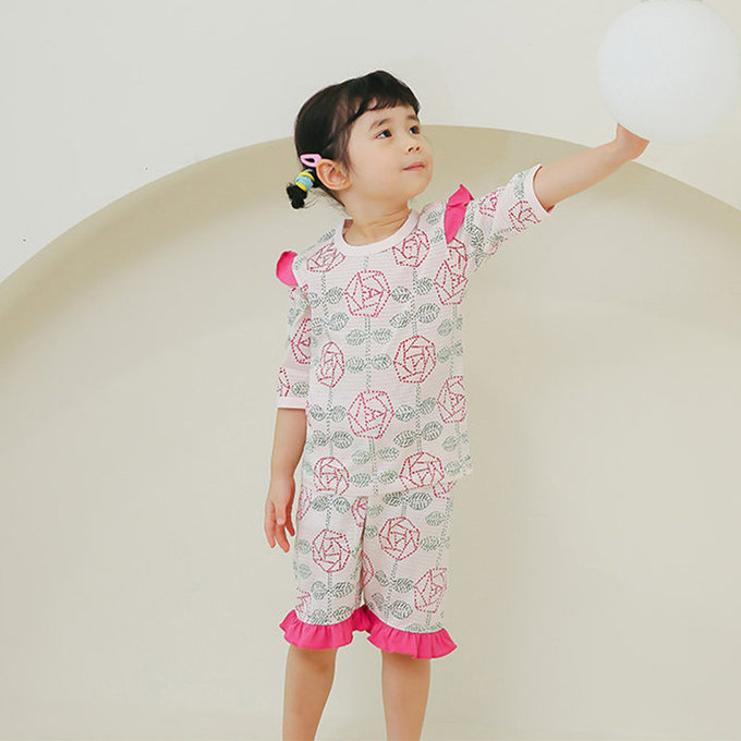 正韓 Puco 超優質嬰幼兒/兒童七分袖100% 有機純棉家居服/睡衣_玫瑰花園_PC21-018