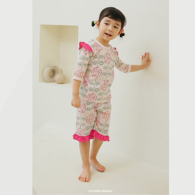 正韓 Puco 超優質嬰幼兒/兒童七分袖100% 有機純棉家居服/睡衣_玫瑰花園_PC21-018