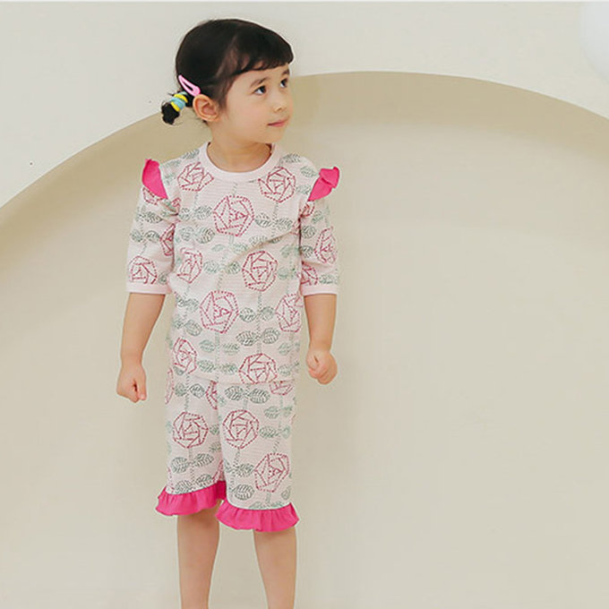 正韓 Puco 超優質嬰幼兒/兒童七分袖100% 有機純棉家居服/睡衣_玫瑰花園_PC21-018