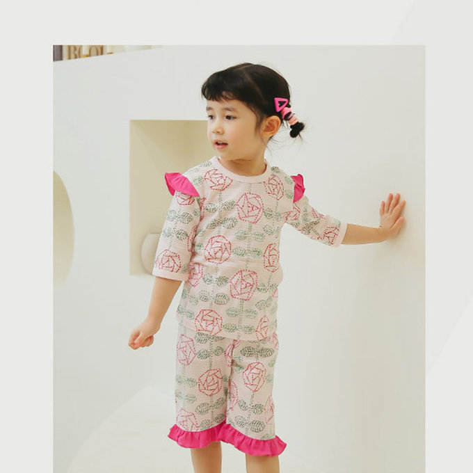 正韓 Puco 超優質嬰幼兒/兒童七分袖100% 有機純棉家居服/睡衣_玫瑰花園_PC21-018