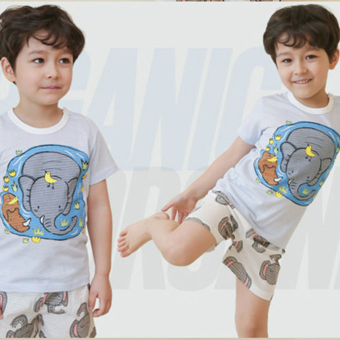 正韓 Puco 超優質嬰幼兒/兒童短袖100% 有機棉家居服/睡衣_大象消暑_PCS21-001