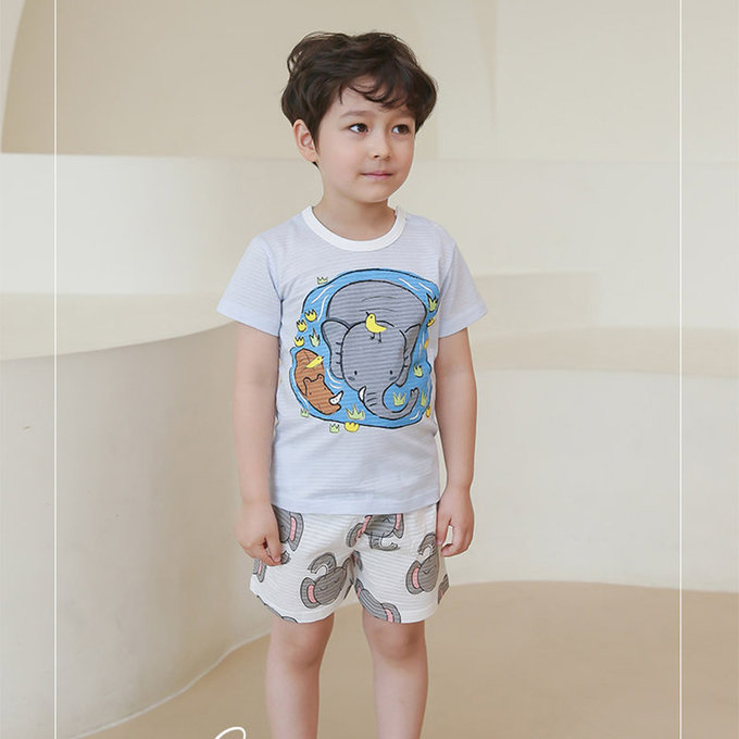 正韓 Puco 超優質嬰幼兒/兒童短袖100% 有機棉家居服/睡衣_大象消暑_PCS21-001