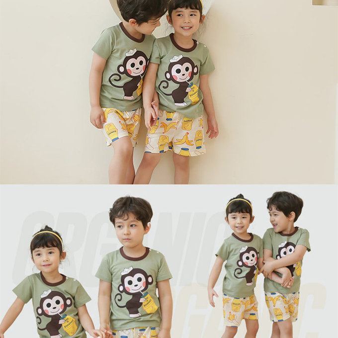 正韓 Puco 超優質嬰幼兒/兒童短袖100% 有機棉家居服/睡衣_猴子喝香蕉牛奶_PCS21-003