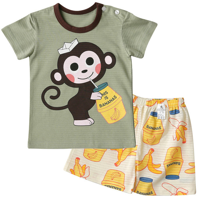 正韓 Puco 超優質嬰幼兒/兒童短袖100% 有機棉家居服/睡衣_猴子喝香蕉牛奶_PCS21-003