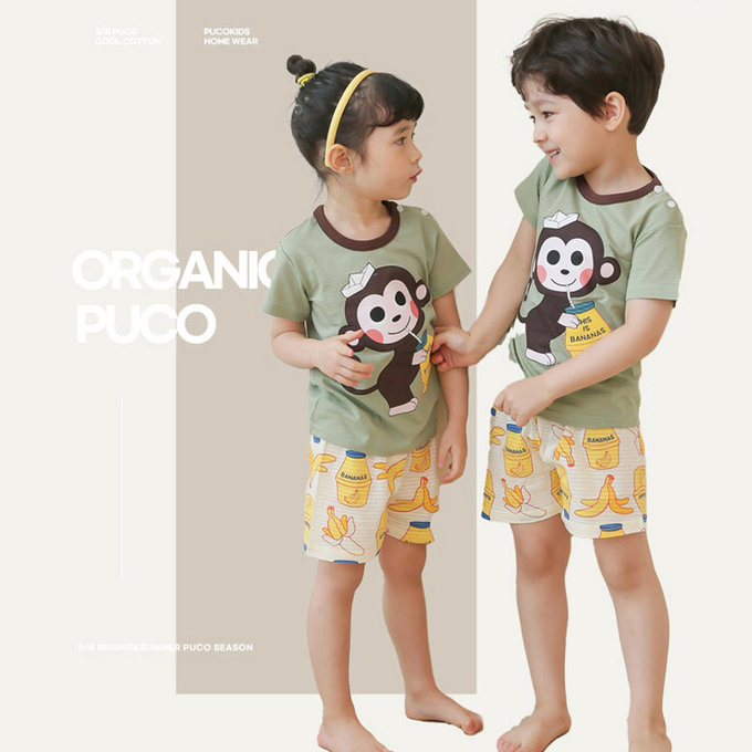 正韓 Puco 超優質嬰幼兒/兒童短袖100% 有機棉家居服/睡衣_猴子喝香蕉牛奶_PCS21-003