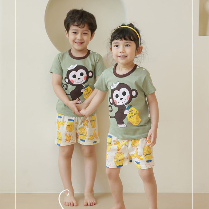 正韓 Puco 超優質嬰幼兒/兒童短袖100% 有機棉家居服/睡衣_猴子喝香蕉牛奶_PCS21-003
