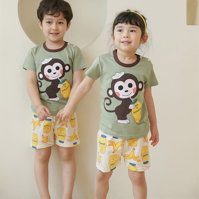 正韓 Puco 超優質嬰幼兒/兒童短袖100% 有機棉家居服/睡衣_猴子喝香蕉牛奶_PCS21-003