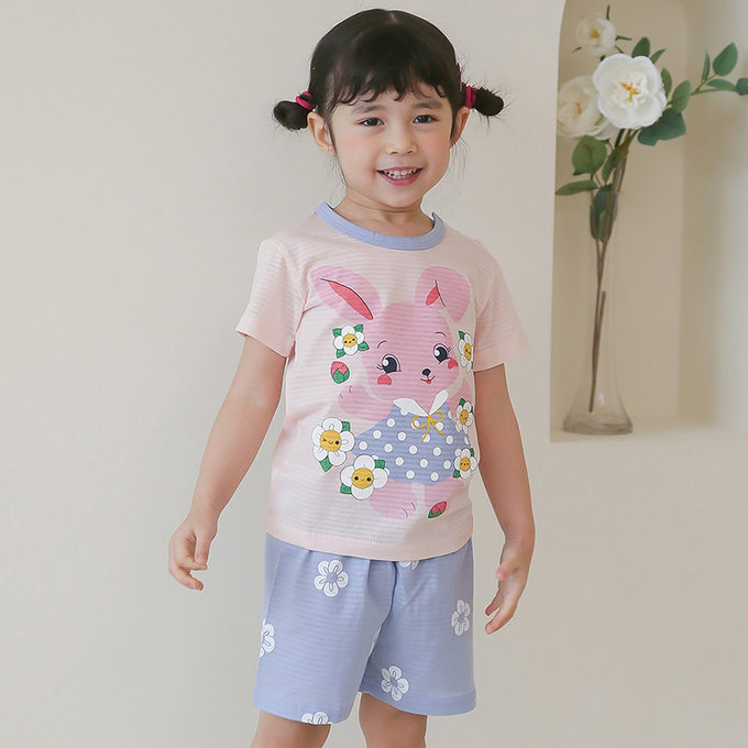 正韓 Puco 超優質嬰幼兒/兒童短袖100% 有機棉家居服/睡衣_兔子花花_PCS21-004