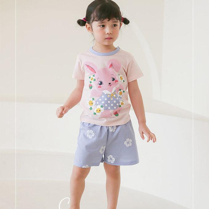 正韓 Puco 超優質嬰幼兒/兒童短袖100% 有機棉家居服/睡衣_兔子花花_PCS21-004