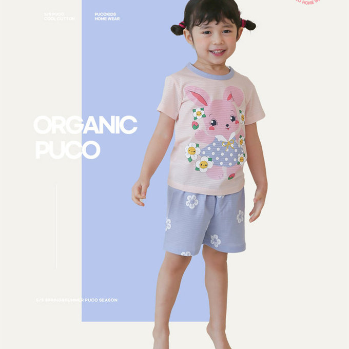 正韓 Puco 超優質嬰幼兒/兒童短袖100% 有機棉家居服/睡衣_兔子花花_PCS21-004