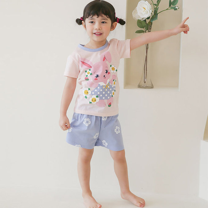 正韓 Puco 超優質嬰幼兒/兒童短袖100% 有機棉家居服/睡衣_兔子花花_PCS21-004